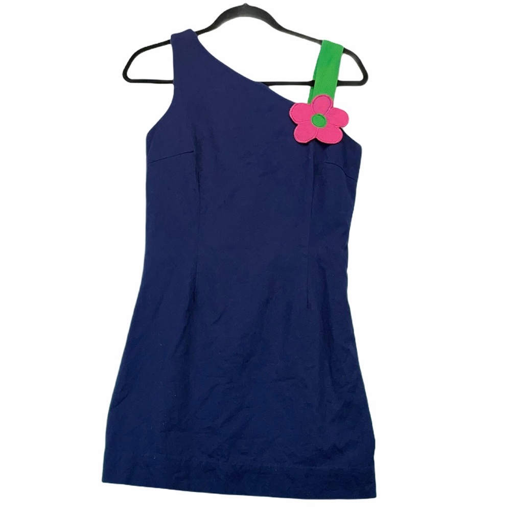 Lilly Pulitzer Navy One-Shoulder Mini Dress with Green Strap & Pink Flower